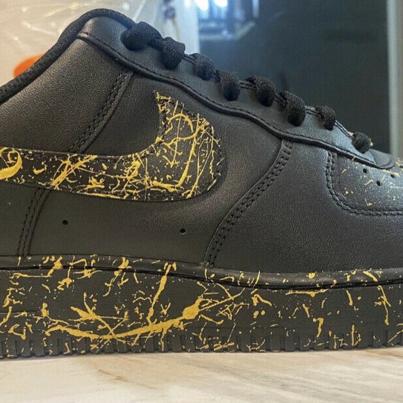 Air Force 1 Custom Low Black & Gold Metallic Splatter Swoosh Shoes Sneakers Mens main image 8